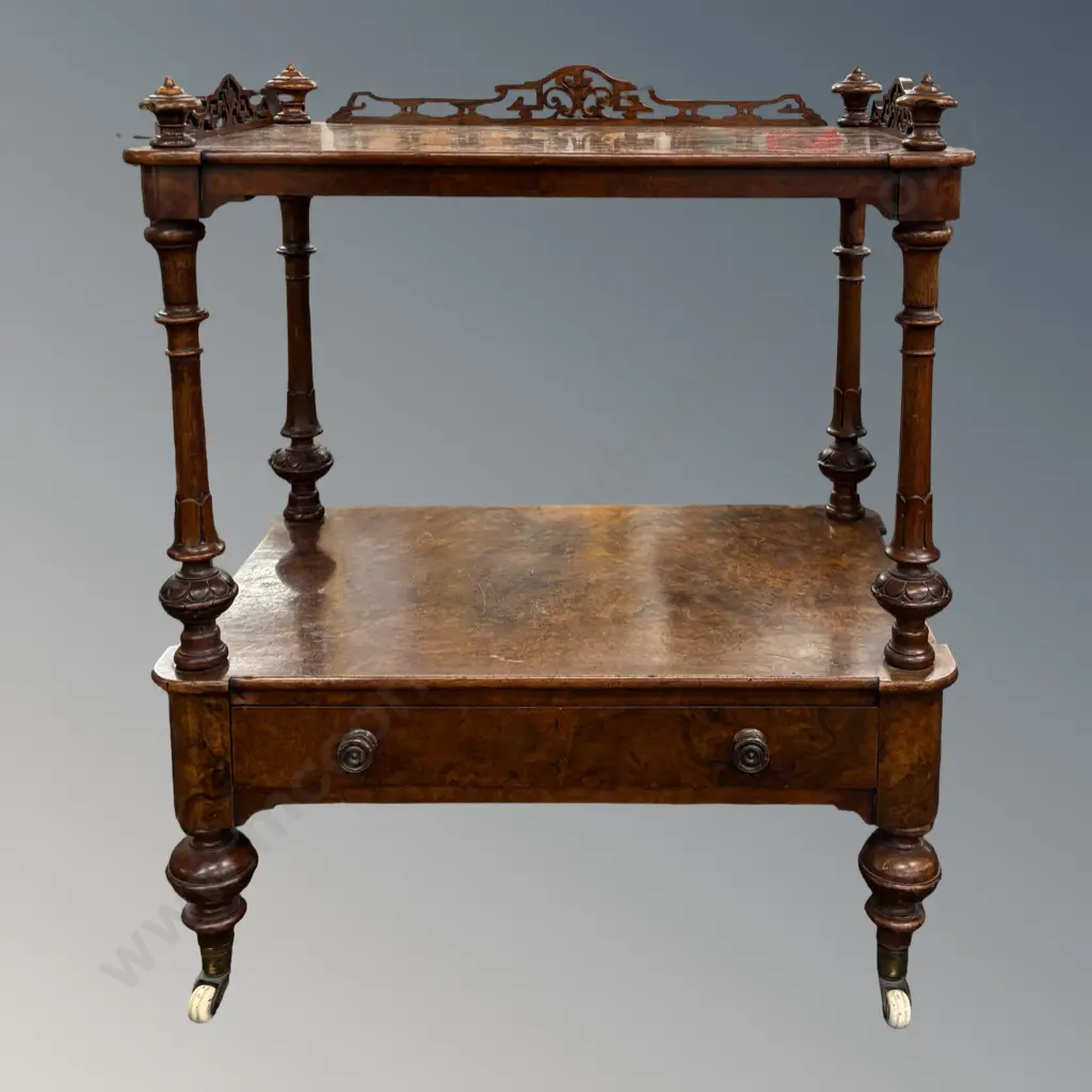Burr Walnut Whatnot with Single Drawer and White Porcelain Castors, H74xL60xD39cm Image 1++