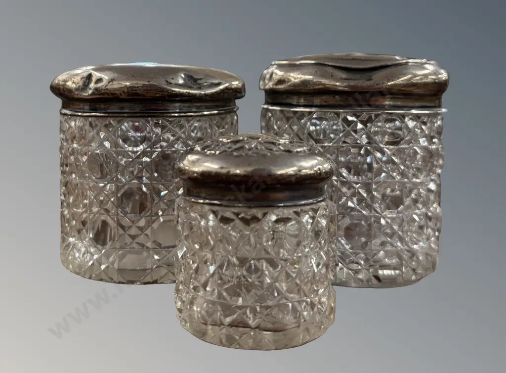 Sterling Silver Topped Cut Glass Dressing Table Containers (AF lids) Image 1++