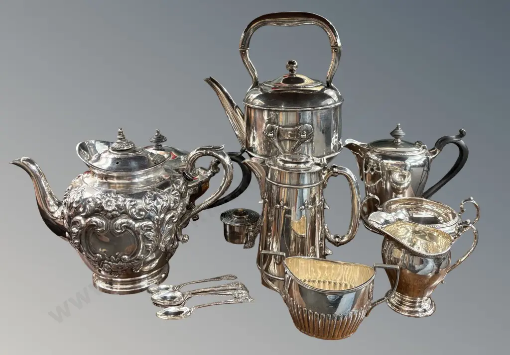Quantity of Silver Plate Teapots, Creamers and Sugars, Spirit Kettle, Coffee Pots & Teaspoons Image 1++