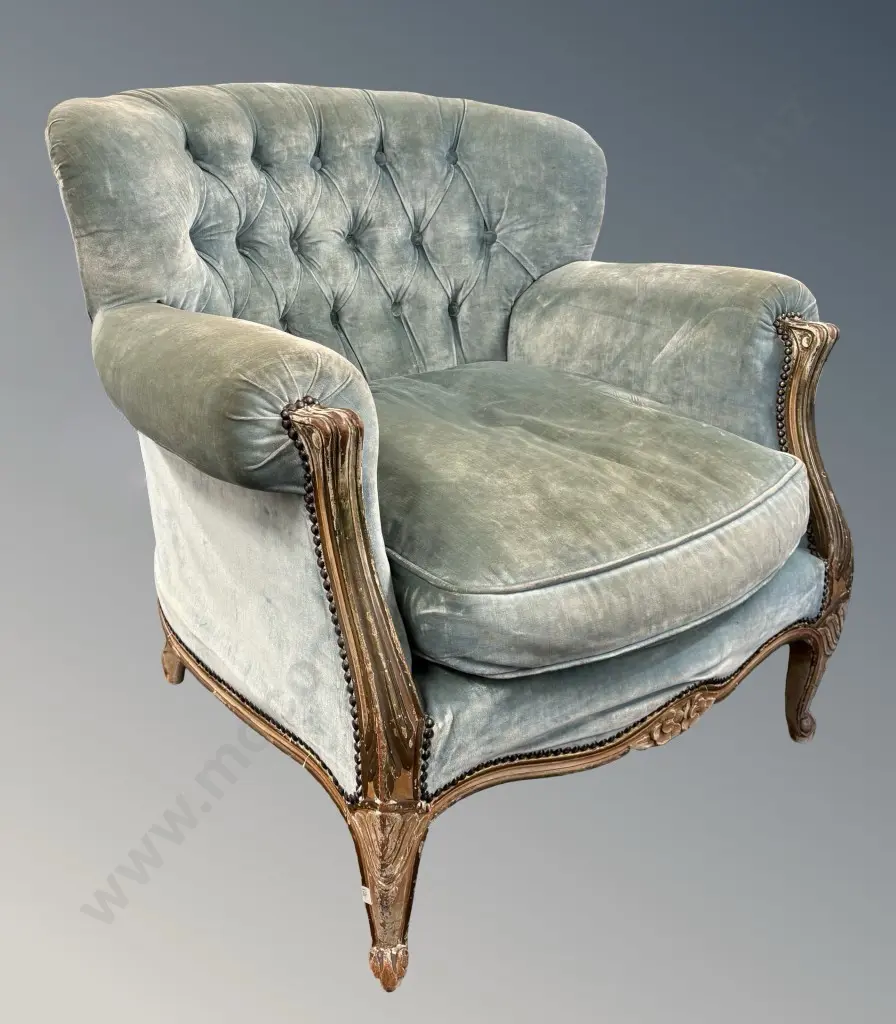 Duck Egg Blue Velvet Upholstered Armchair with Deep Buttoned Back, Carved Distressed Wood Framing Image 1++