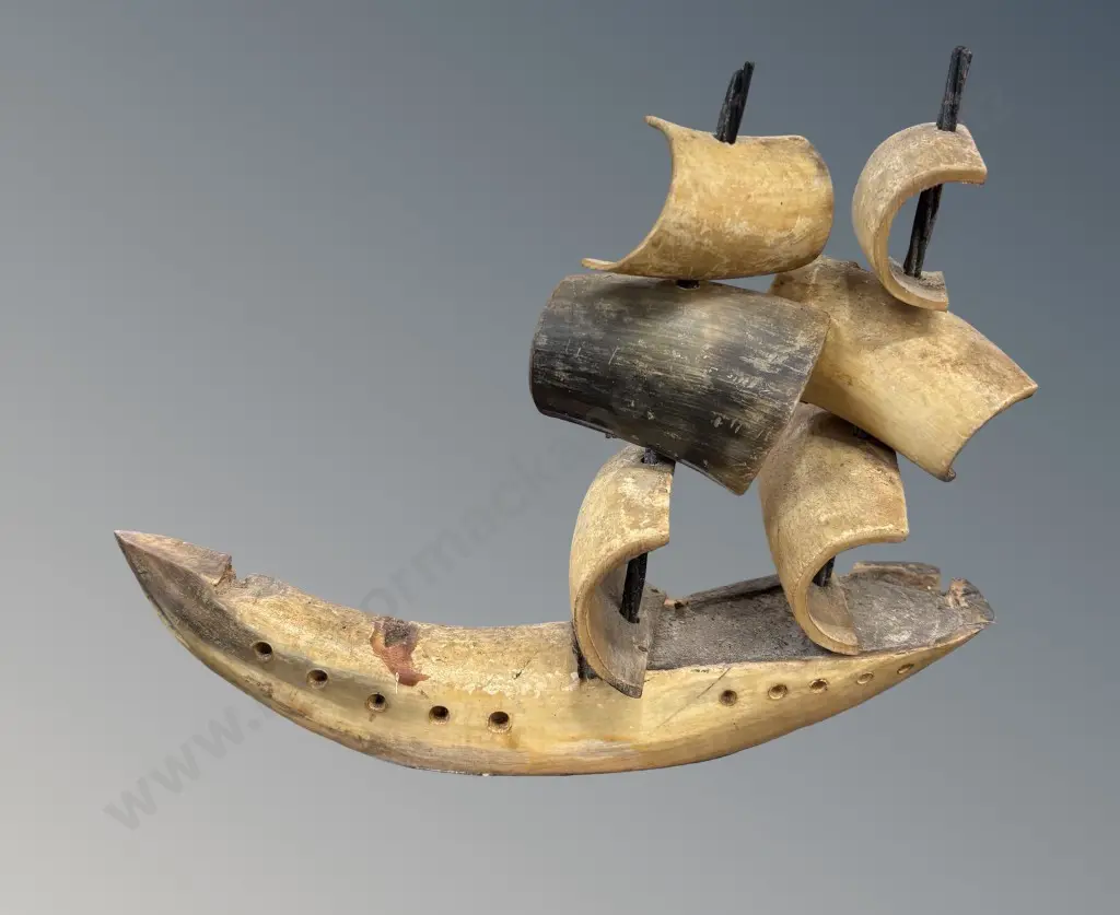 Bone Sculpture on Wooden Base depicting a Sailing Ship, L21xH24cm Image 1++
