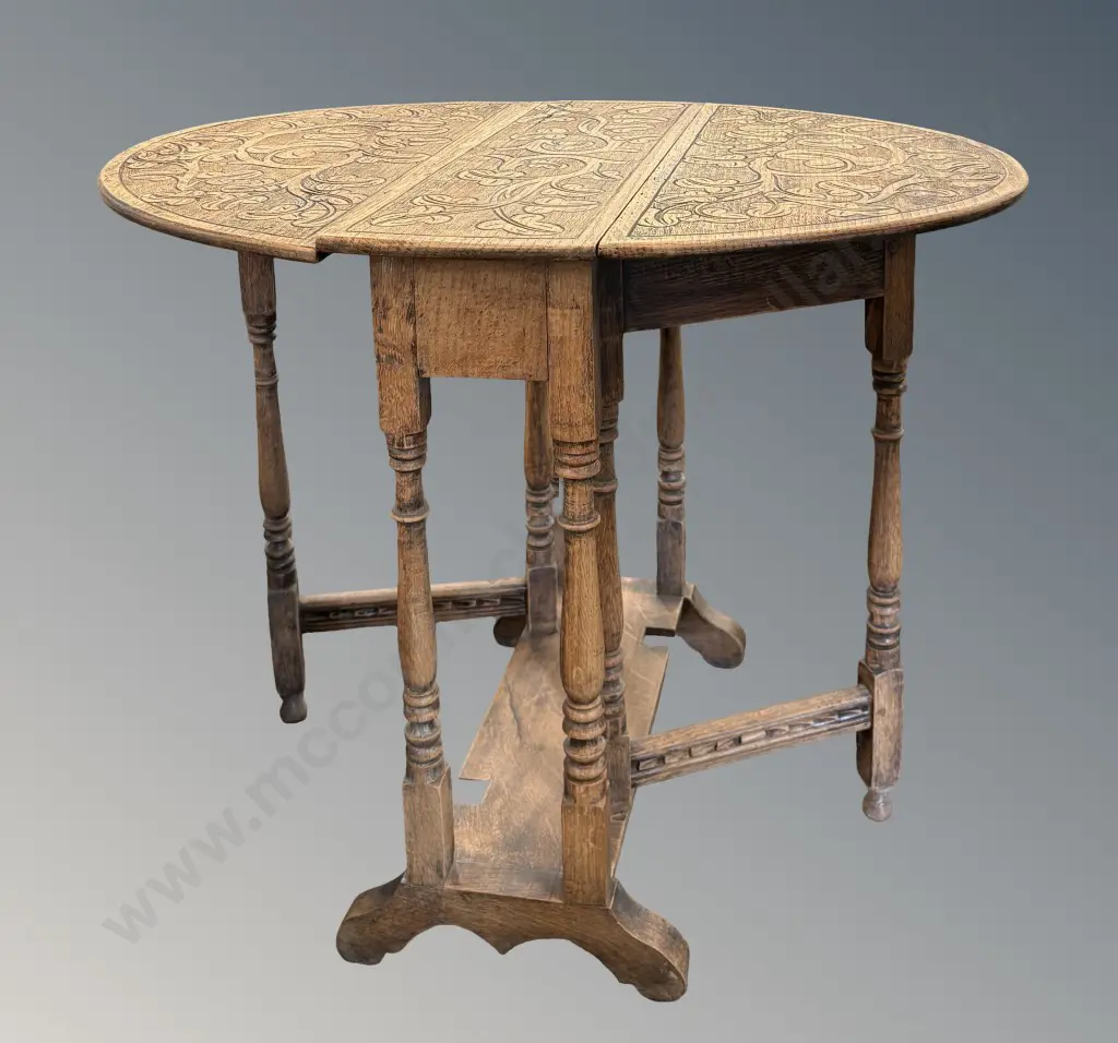 Oak Drop Leaf Occasional Table with Floral Carving H64xL59xW19/78cm Image 1++