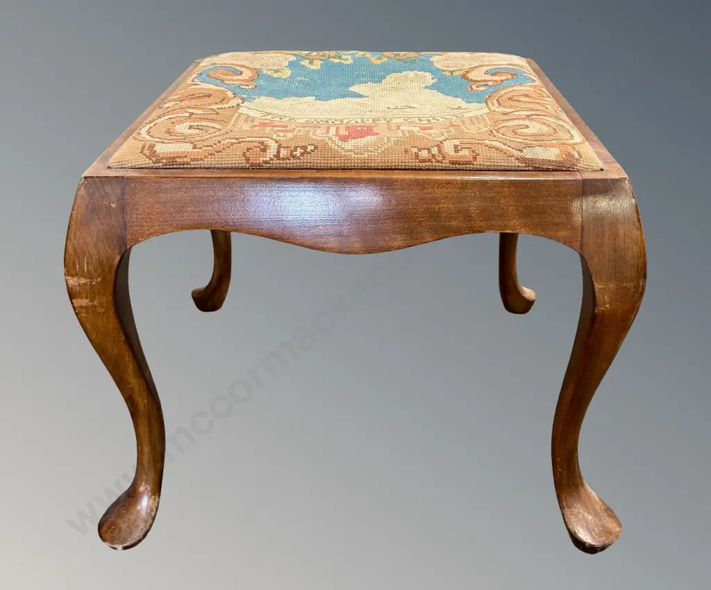 Cross-Stitch Upholstered Wooden Framed Stool on Cabriole Legs Image 1++