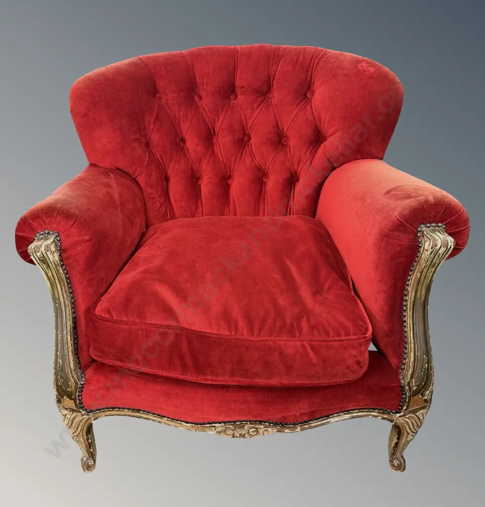 Red Velvet Upholstered Armchair with Deep Buttoned Back, Carved Distressed Wood Framing Image 1++