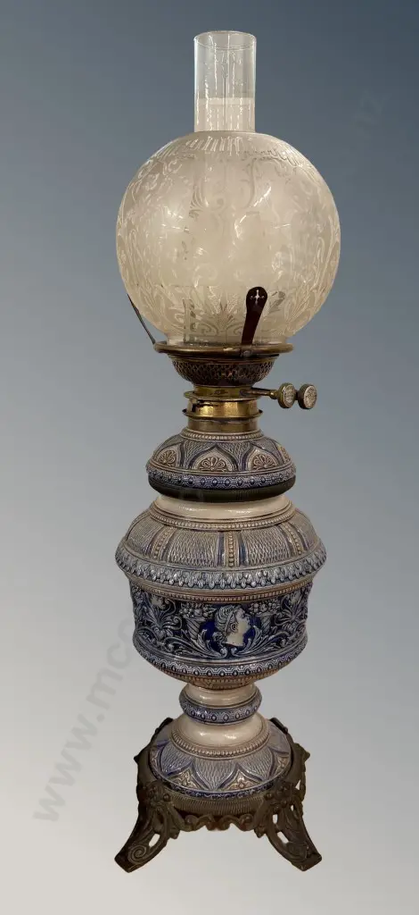 Blue and Grey Ceramic Kerosene Lamp on Metal Base with Glass Shades, H62cm Image 1++