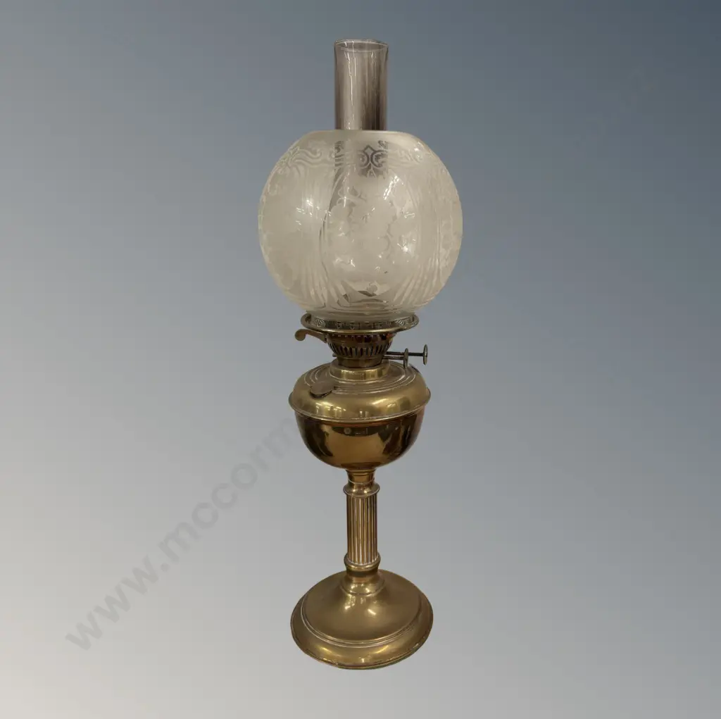 Brass Reeded Kerosene Lamp with Glass Shade, H52cm Image 1++