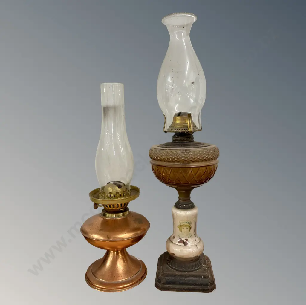 Copper and a Glass and Porcelain Kerosene Lamps with Glass Shades, H55-41cm Image 1++