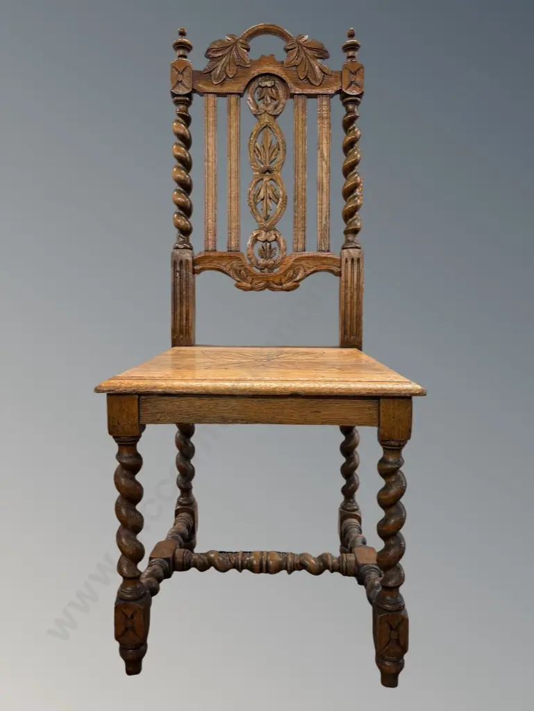 Oak High Back Occasional Chair with Barley Twist Uprights and Floral Motifs Image 1++