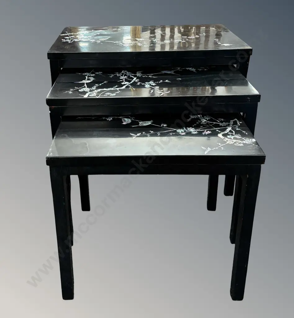 Black Enamelled Nest of Tables with MOP Inlay featuring Blossom and Birds, H50xL57xD35cm Image 1++