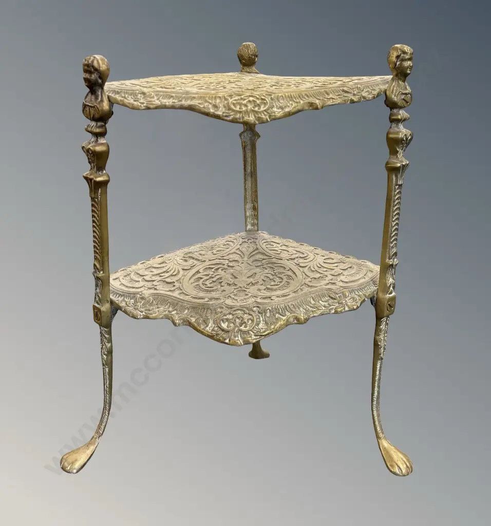 Heavy Brass Ornate Two Tier Corner Plant Stand H44cm Image 1++