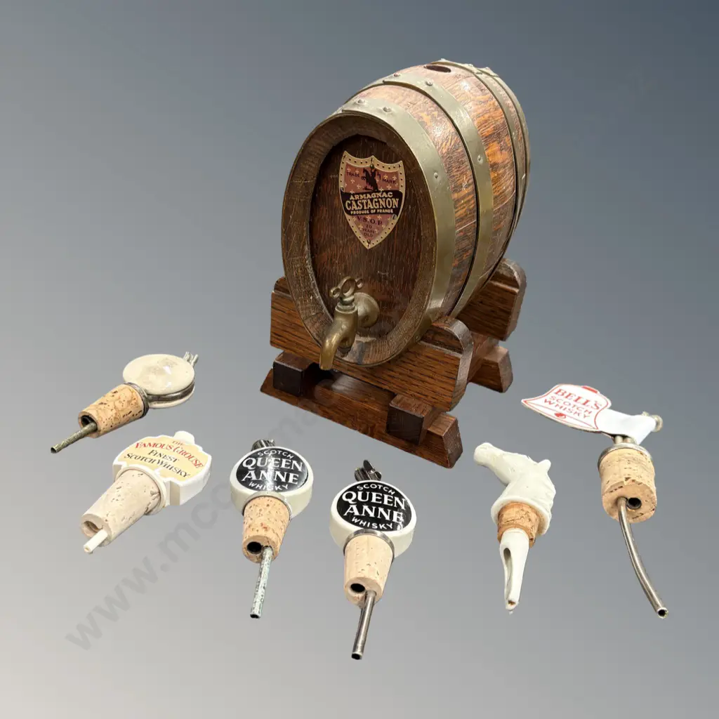 Box of Bar Accessories including Oak Barrel Dispenser, Ceramic Spirit Bottle Stoppers Image 1++