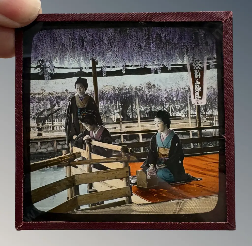Oak Wooden Box with Glass Slides of Japanese Scenes and Figures Image 1++