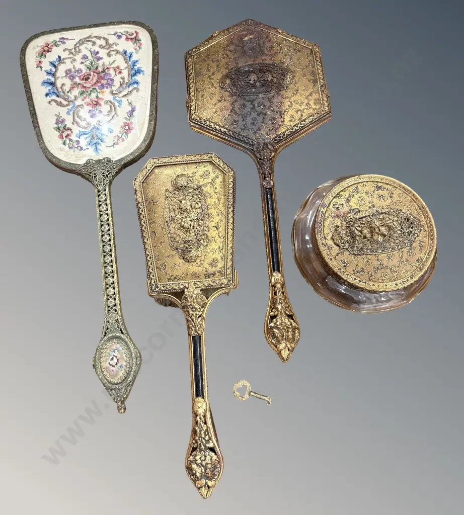 Gilt Dressing Table Set with Lidded Container, Hair Brushes and Hand Mirror Image 1++