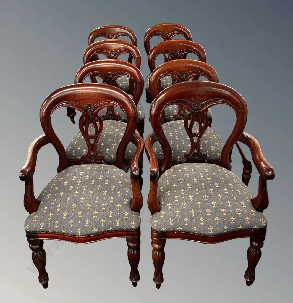 Set of Six Balloon Back Dining Chairs & Two Carvers, with Fleur-De-Lis Upholstery and Floral Motifs Image 1++