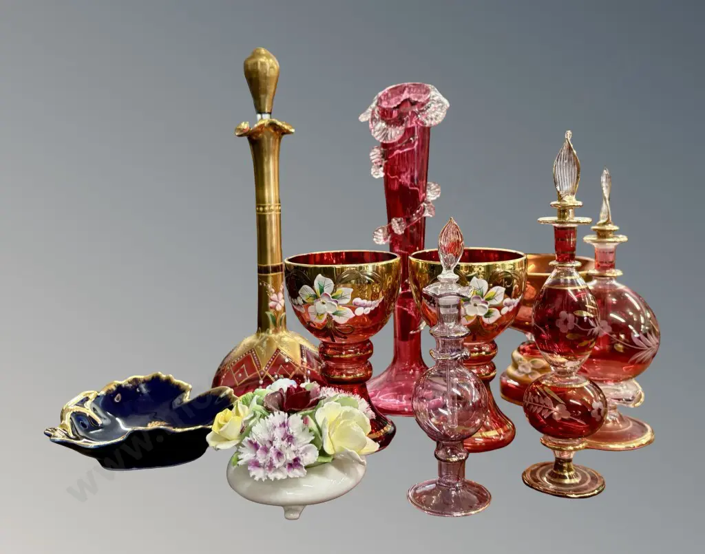Quantity of Bohemian Glass Perfume Bottles, Vases, Blue Limoges Dish & Royal Doulton Posy Image 1++