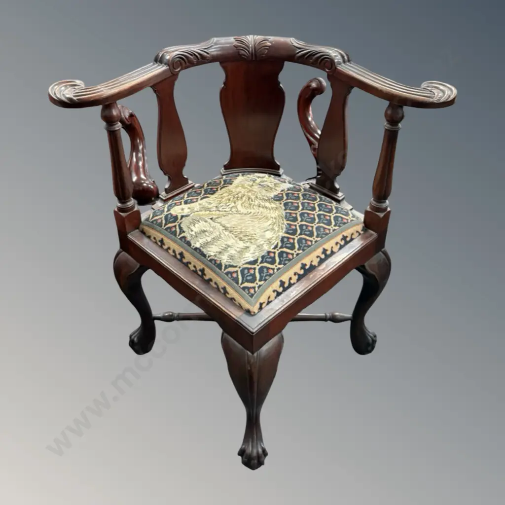 Mahogany Corner Chair with Scrolled Arms and Upholstered Cat Tapestry Seat Image 1++