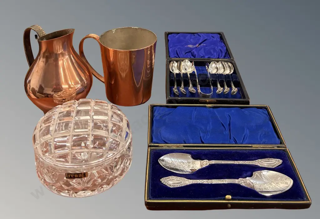 Cased Teaspoons and Tongs, Cased Spoons, Lidded Glass Bowl and Copper-Handled Cup and Jug Image 1++