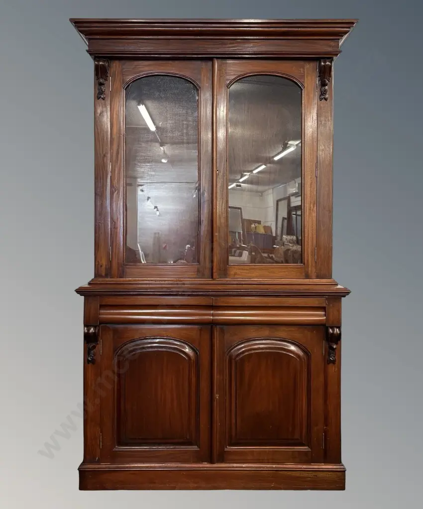 Mahogany Chiffonier Bookcase with Paneled Doors and Sides and Glazed Bookcase Doors H207xL117xD45cm Image 1++