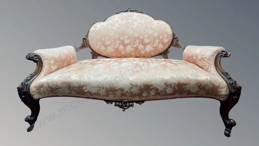 Mahogany Framed Silk Upholstered Two Seater Settee L148cm Image 1++