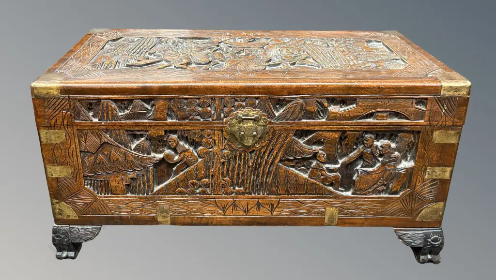 Brass Bound Camphor Chest with Eastern Figure Carving H40xL73xD34cm Image 1++