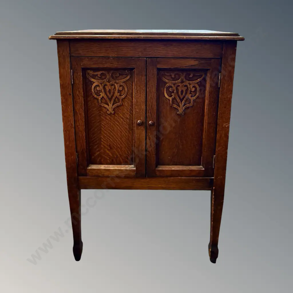 Oak Two Door Record Cabinet with Carved Panels Image 1++