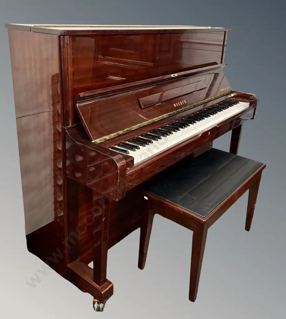 Wagner Mahogany Upright Piano and Stool Image 1++