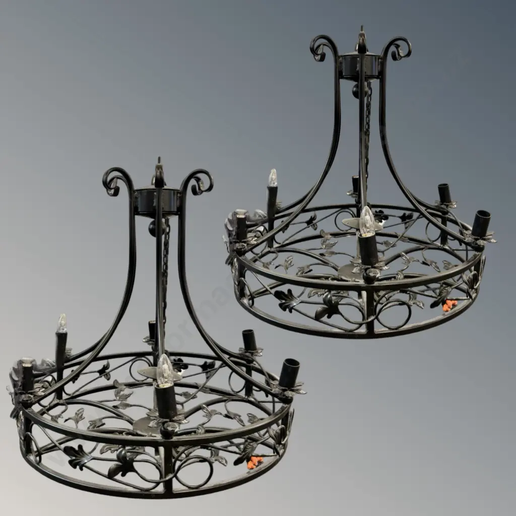 Two Black Wrought Iron Circular Six Branch Chandeliers with Botanical Leaf Motifs H86xD73cm Image 1++