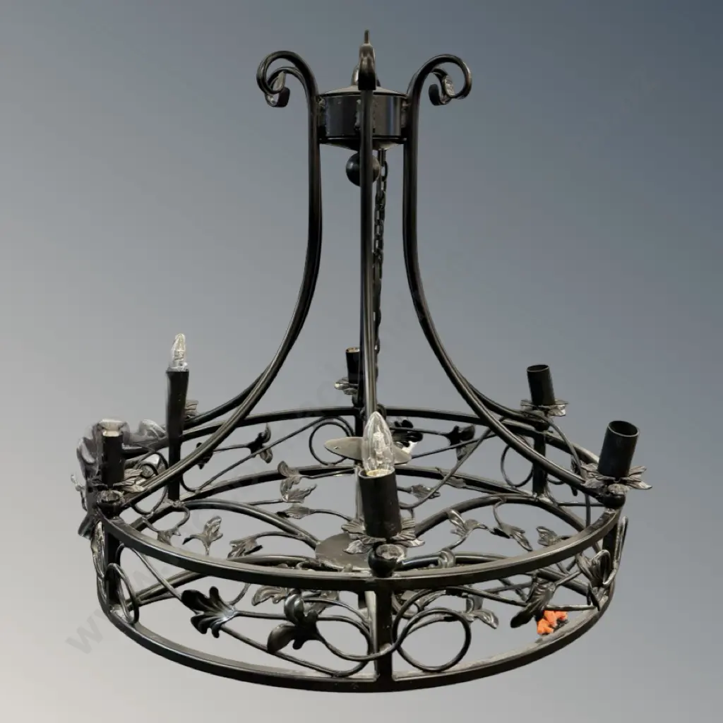 Black Wrought Iron Circular Six Branch Chandelier with Botanical Leaf Motifs H86xD73cm Image 1++