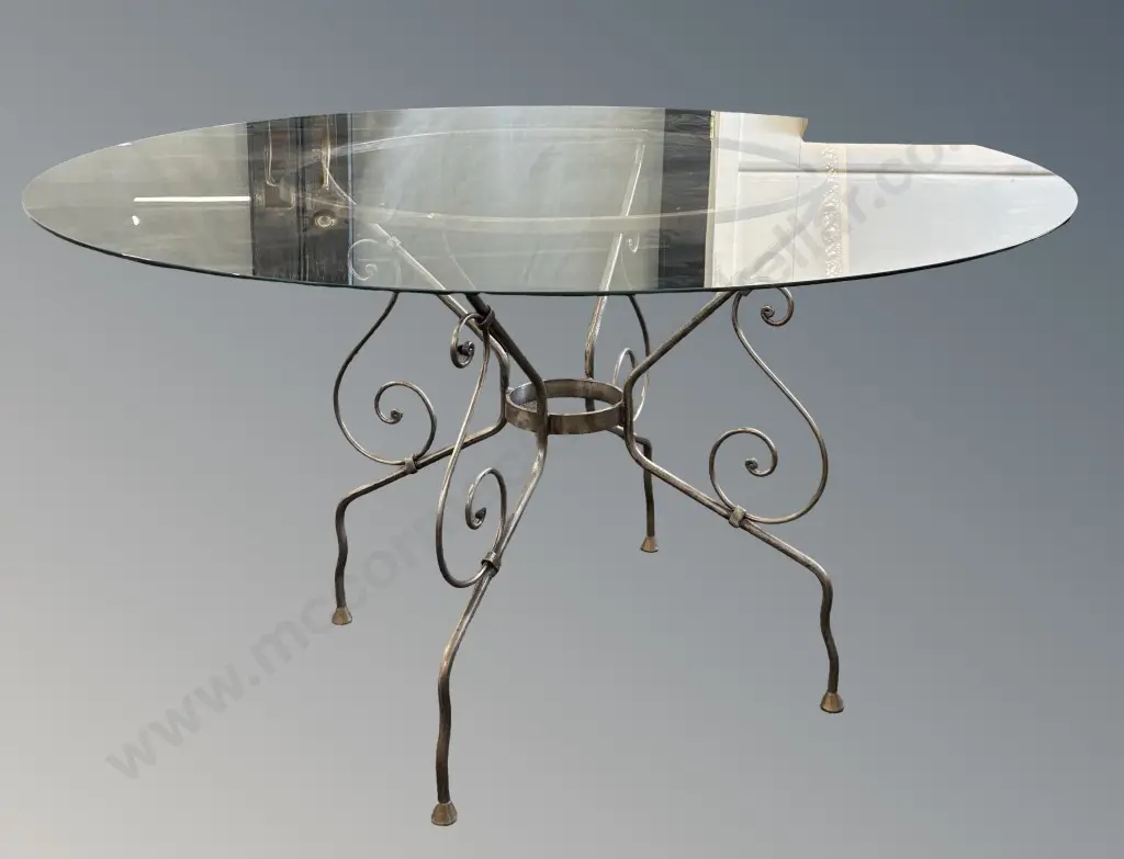 Circular Glass Topped Table with Silver Wrought Iron Base H76xD139cm Image 1++