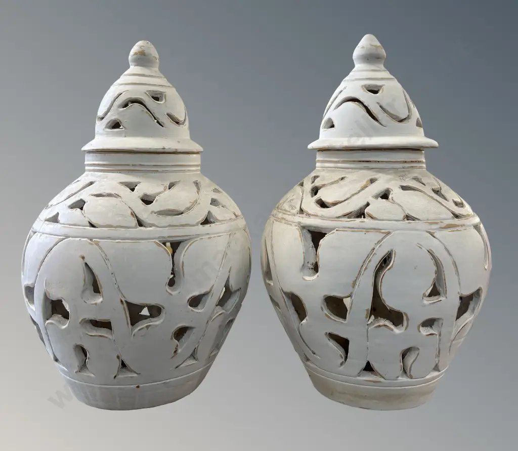 Pair of Ornate Decorative White Painted Terracotta Ginger Jars H50cm Image 1++