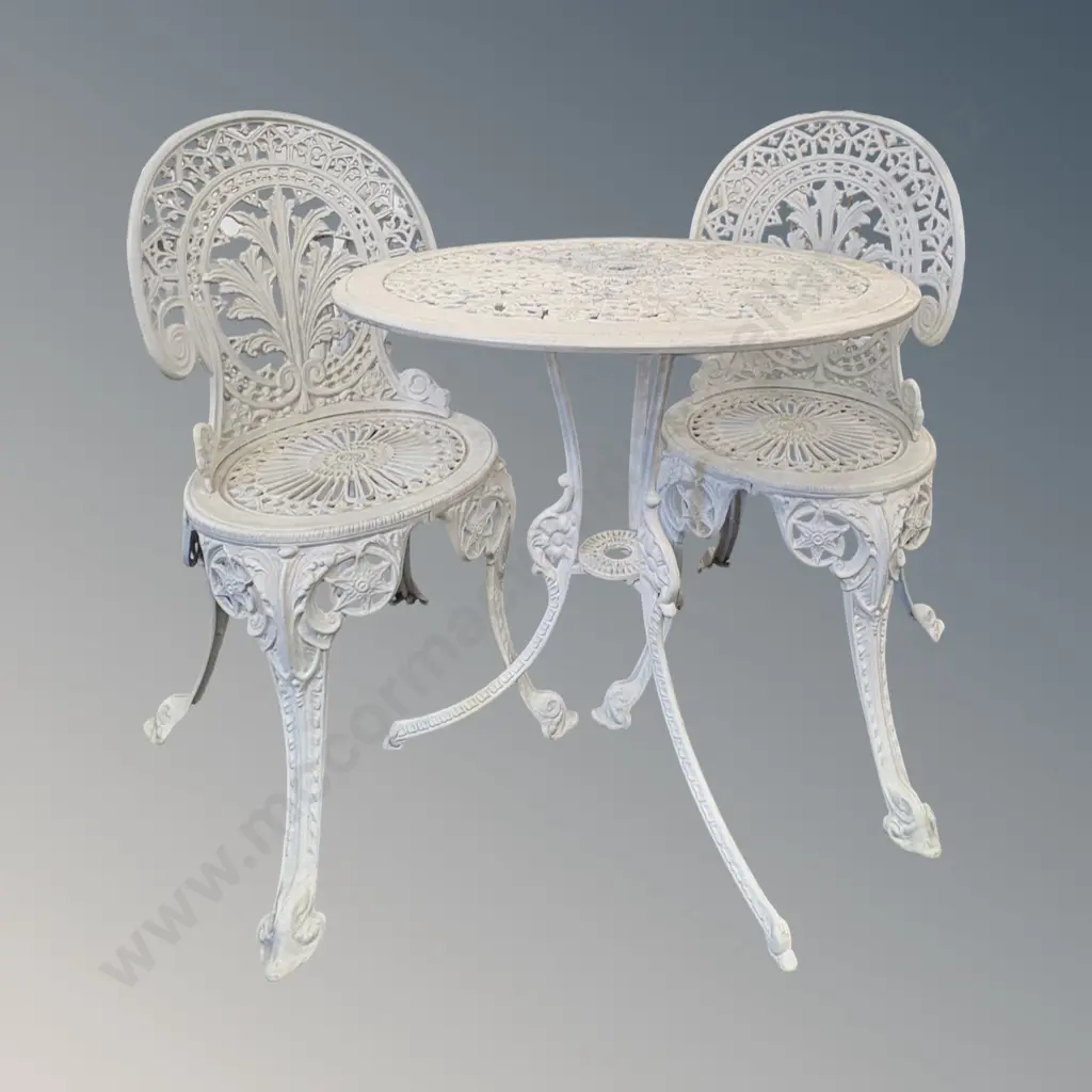 Ornate Metal Circular Table and Two Outdoor Chairs H66xD68cm Image 1++