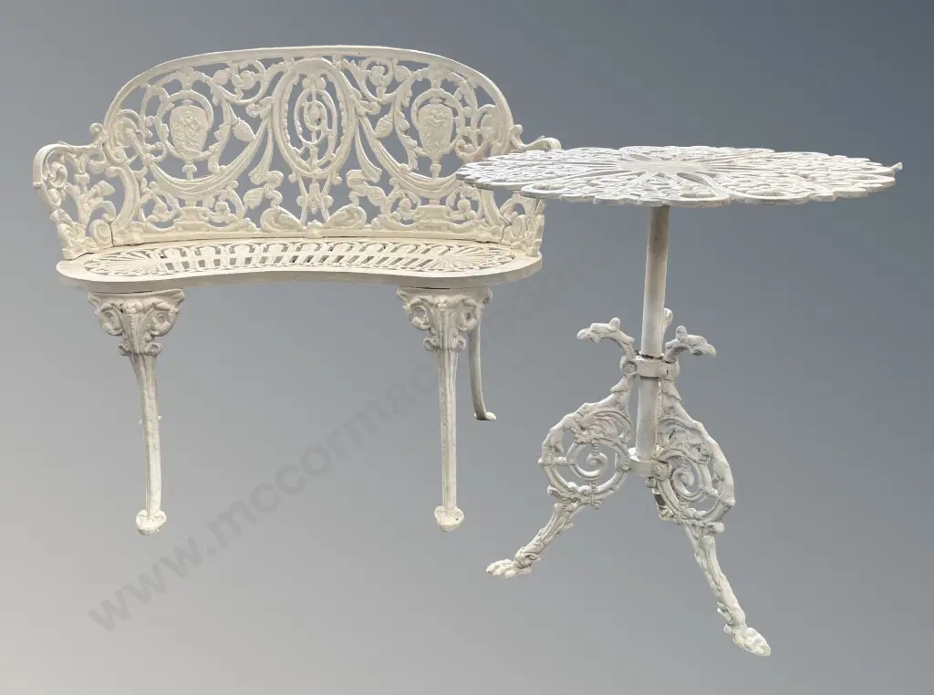 Kidney Shaped White Metal Small Garden Bench L86cm and Ornate Side Table with Grape and Vine Scrollwork D49cm Image 1++