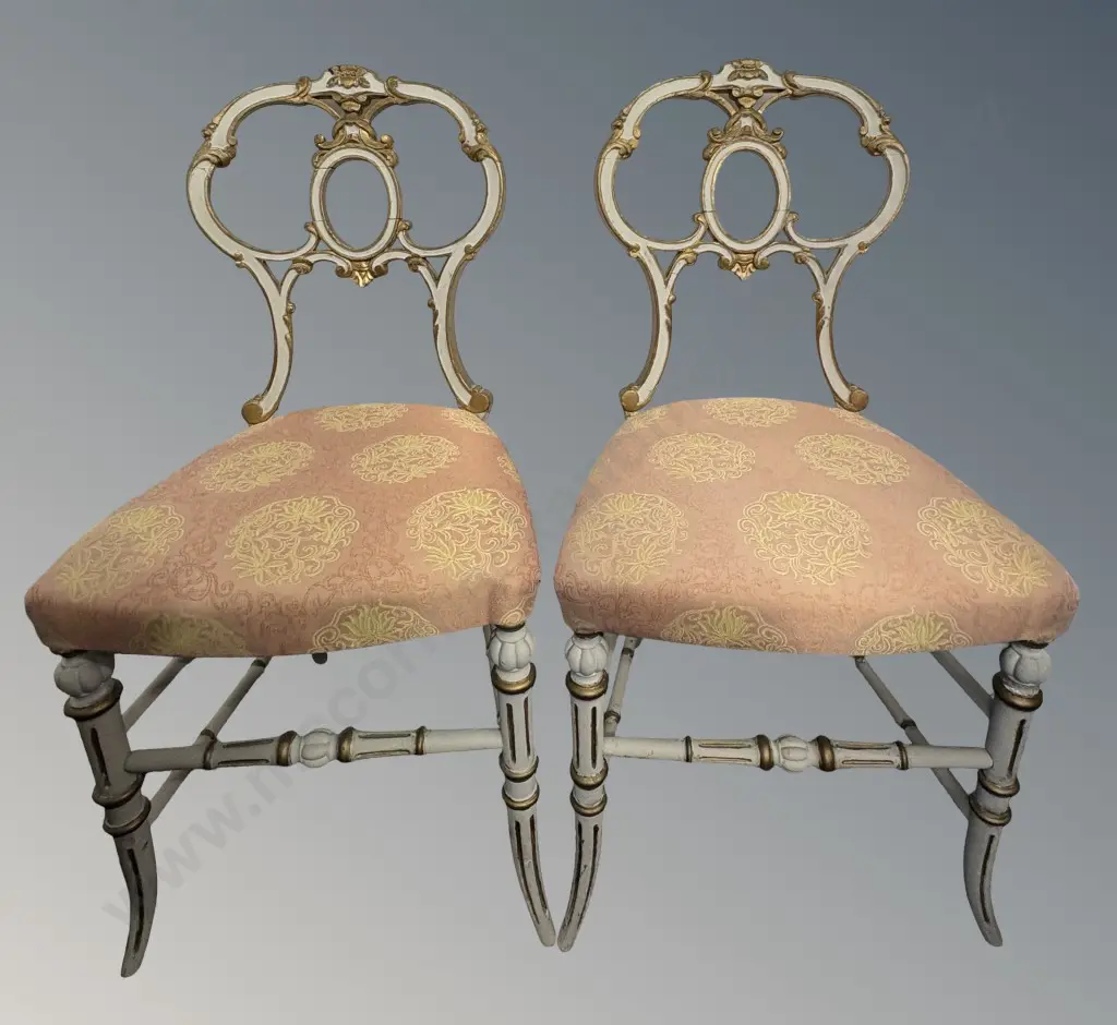 Pair of White and Gilt Ornate Balloon Back Chairs with Upholstered Seats Image 1++