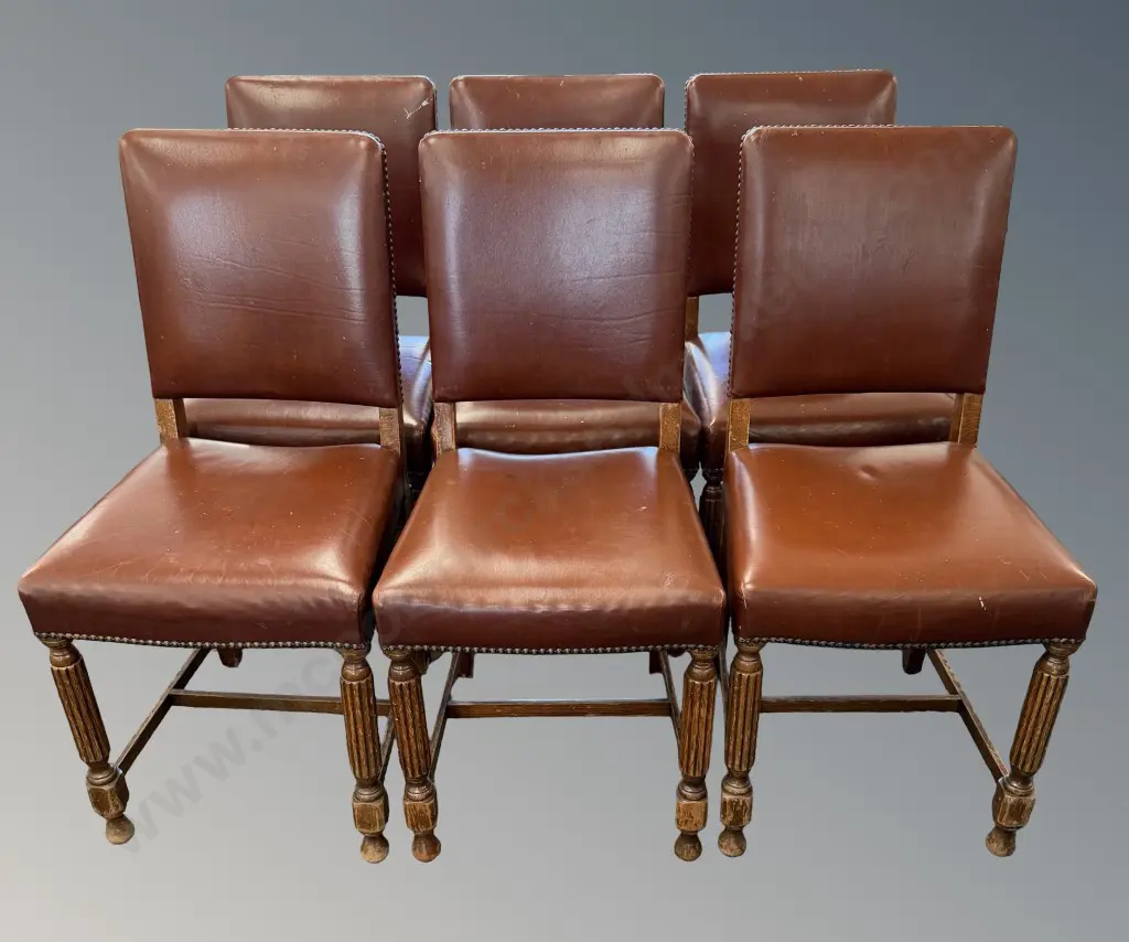Set of Six Oak Dining Chairs with Reeded Legs and Brown Leather Upholstery Image 1++